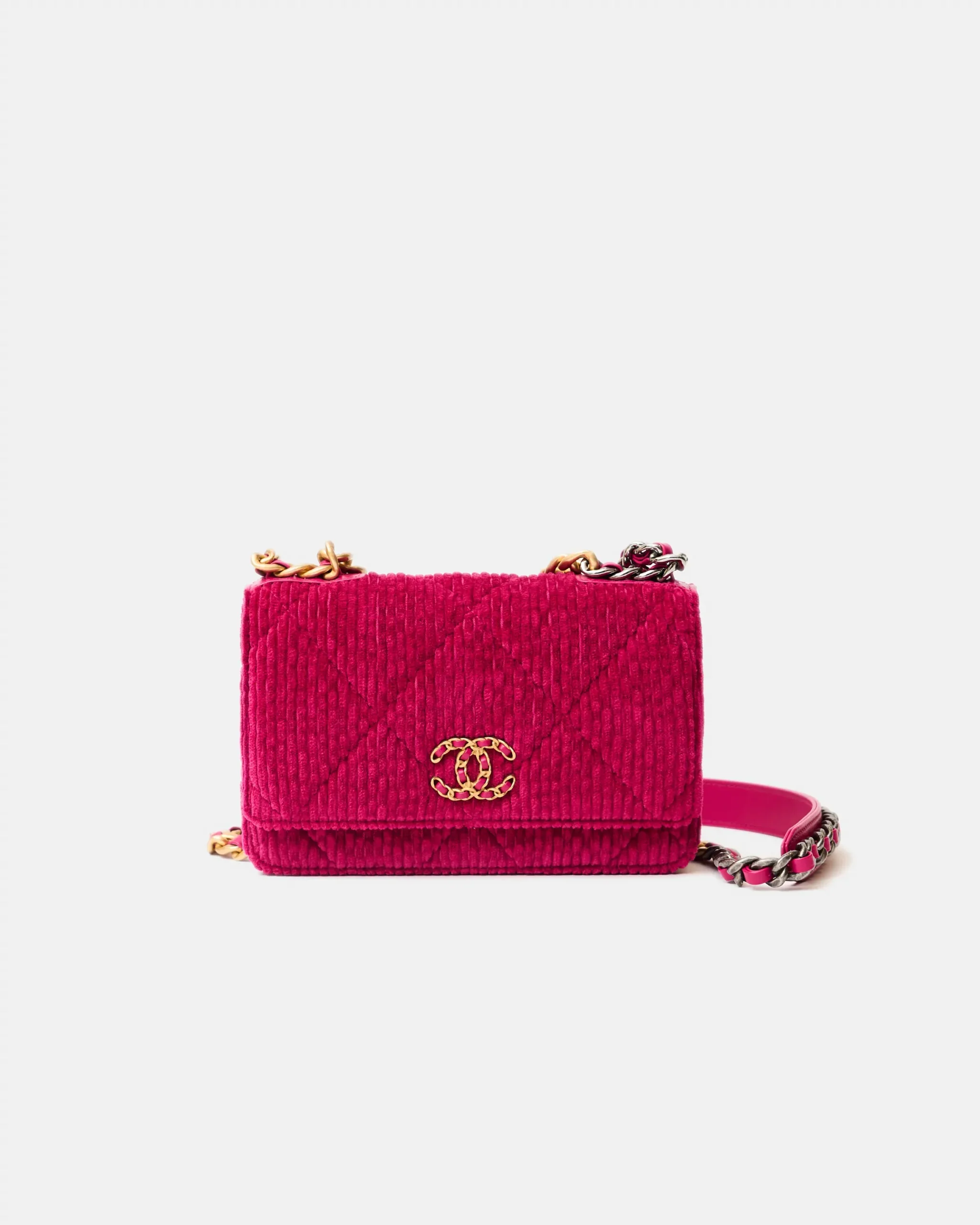 Chanel 19 Wallet on Chain Fuchsia Corduroy Silver/Gold-Tone & Ruthenium-Finish Metal