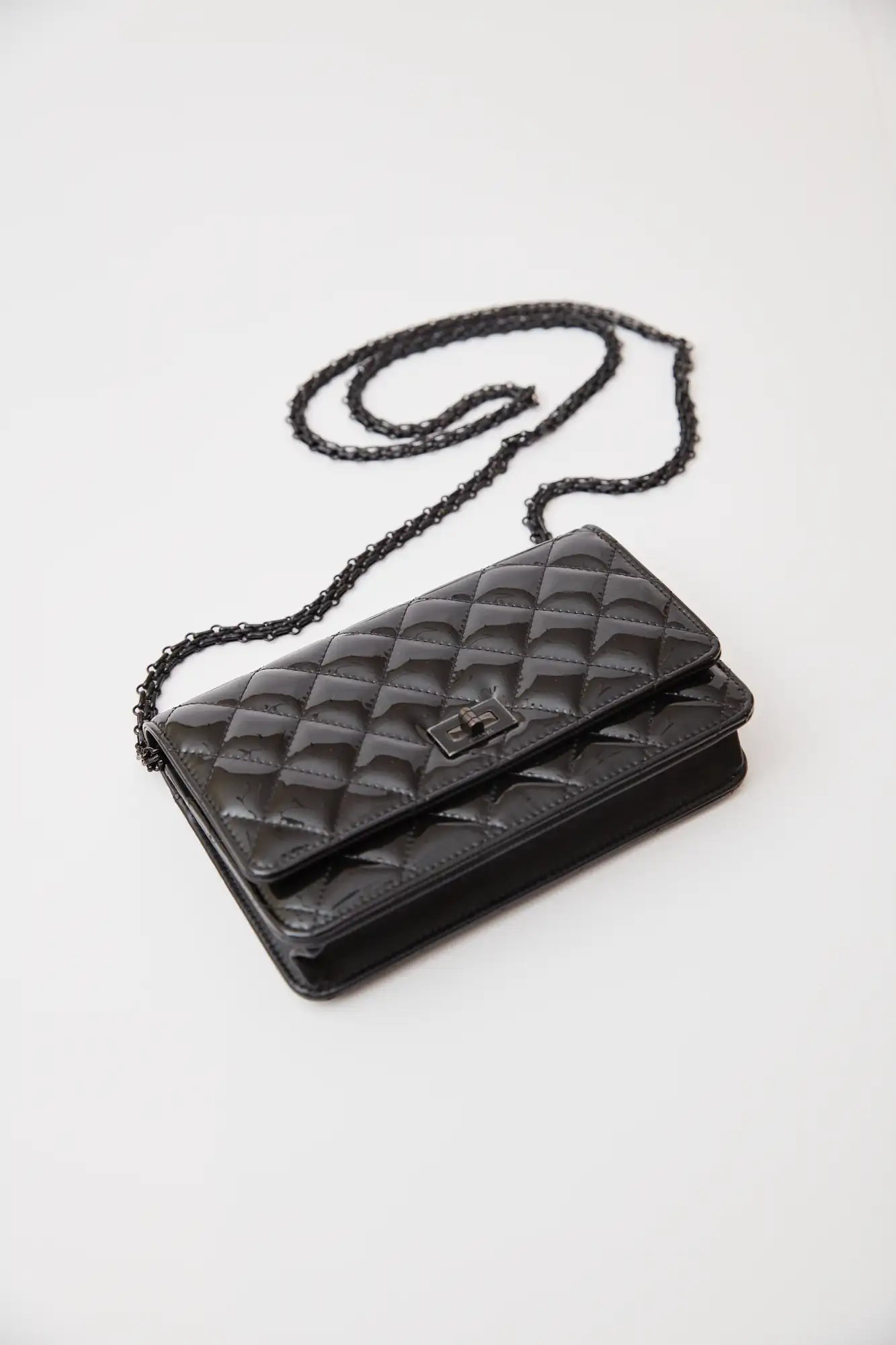 Chanel 2.55 Wallet on Chain Black Patent Calfskin So Black